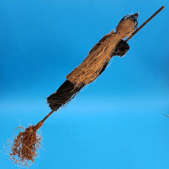 Wicked Witch Broom Stick Paper Mache Style Decor Raffia Primitive Halloween 34" - Picture 9 of 14
